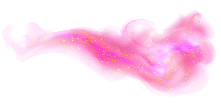 Magical pink cloud or fog with glowing particles, fairy smoke, isolated on transparent background, stardust effect, festive glitter lights for holiday or fantasy design. Vector illustration.