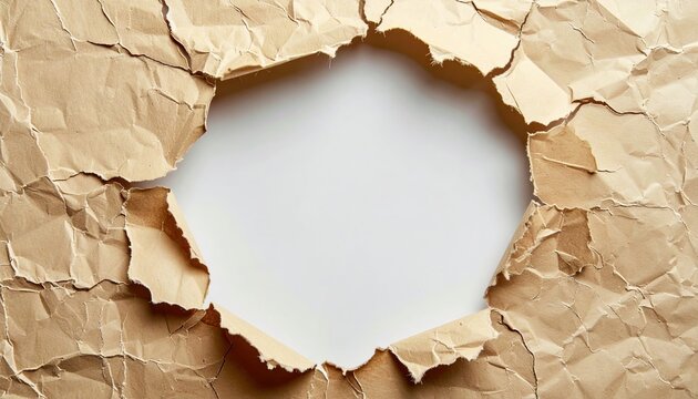Rugged circular torn paper hole with textured edges and visible paper fibers for creative framing designs