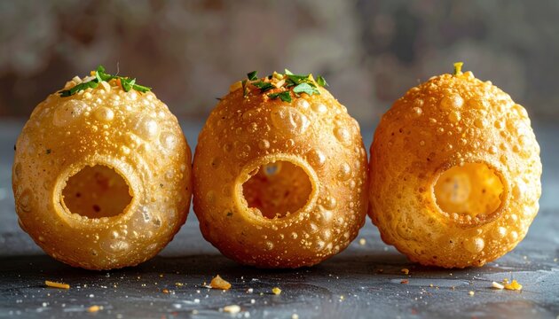 Three crispy pani puri shells with hollow centers for Indian street food and authentic chaat menu designs