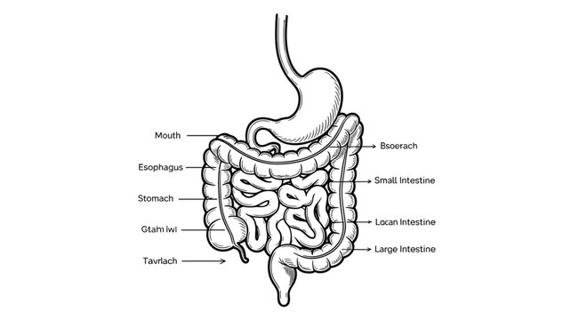 Human digestive system anatomy diagram with labeled organs in black and white line