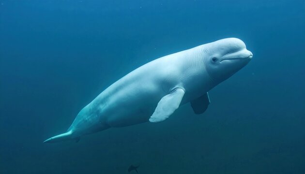 White beluga whale swimming in profile, detailed marine mammal anatomy and ocean wildlife