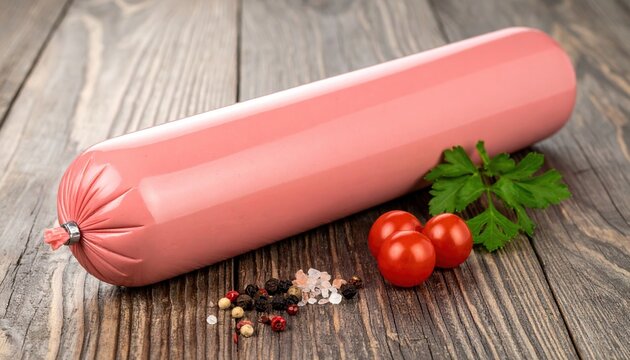 Pink sausage in casing, cylindrical processed meat product with smooth surface