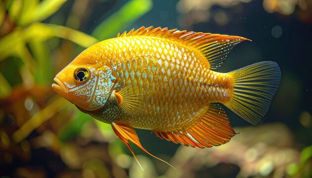 Golden honey gourami fish with intricate scales, realistic freshwater aquarium scene