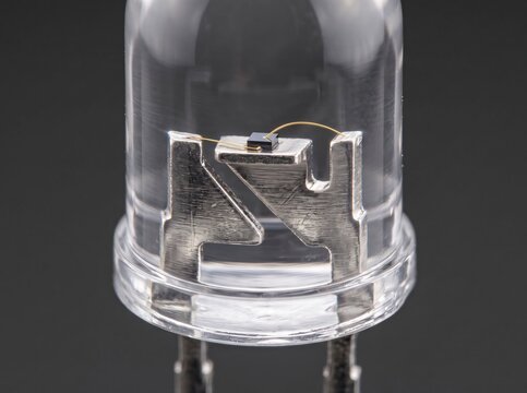 Traditional five millimeter clear through hole light emitting diode close up macro shot.