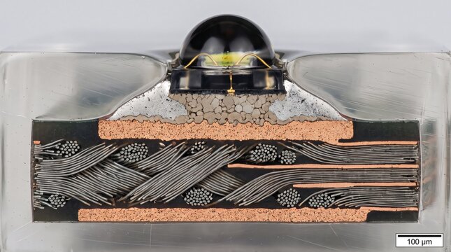 Microscopic cross section view of surface mount light emitting diode soldered on board.