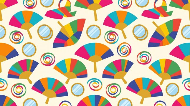 Colorful Japanese Fans and Mirrors Seamless Pattern