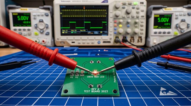Testing red smd led on green printed circuit board with oscilloscope probes in workshop.