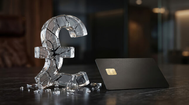 Crystal currency symbol beside bank card showing credit report decline and financial stress