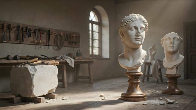 Classical Sculpture Studio with Busts and Antique Tools in Natural Light