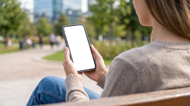 Close-up view of a woman sitting outdoors in a modern urban park while holding a smartphone with a blank white screen. The image features a natural lifestyle setting, green landscape, modern buildings