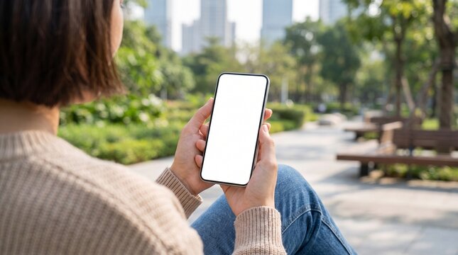 Close-up view of a woman sitting outdoors in a modern urban park while holding a smartphone with a blank white screen. The image features a natural lifestyle setting, green landscape, modern buildings