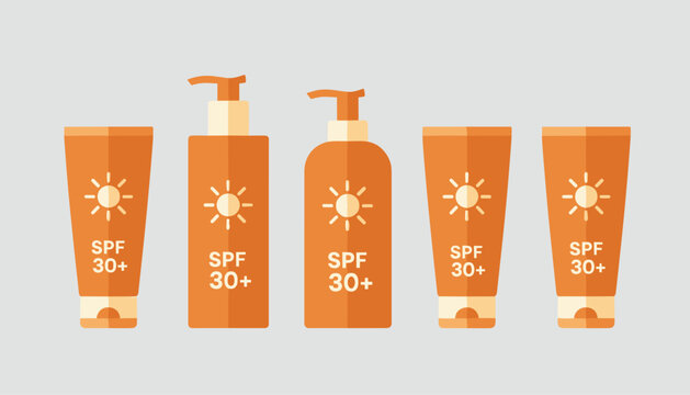 Collection of various orange sunscreen product bottles and tubes with solar protection spf labels over gray background.