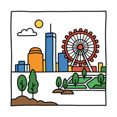Obraz premium City skyline with skyscrapers and ferris wheel vector illustration