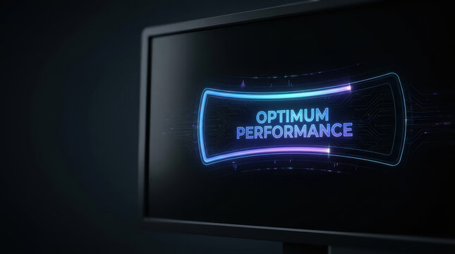Optimum performance futuristic digital display on dark screen with glowing neon blue and purple interface