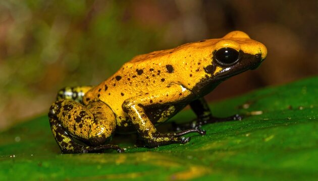 Bright golden poison frog in macro view, vivid toxic amphibian and tropical rainforest wildlife