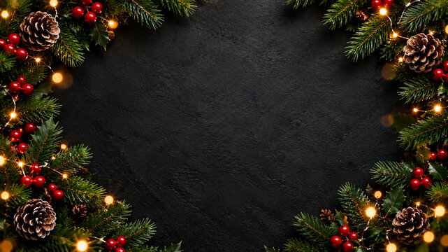 Christmas pine branch frame background with red berries pine cones fairy lights and copy space on dark slate