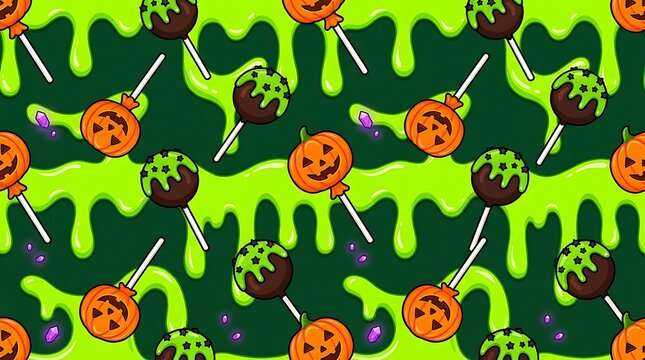 Spooky halloween seamless pattern featuring melting neon green slime with cute jack o lantern candy lollipops