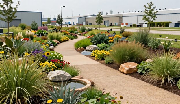 Native pollinator corridor beside an industrial district, combining flowering vegetation, habitat features and green infrastructure to support urban biodiversity