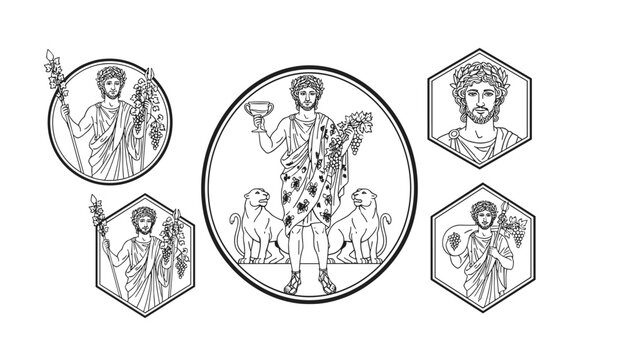 Ancient greek god dionysus bacchus engraving illustrations set with panthers cups grapevines and floral frames.