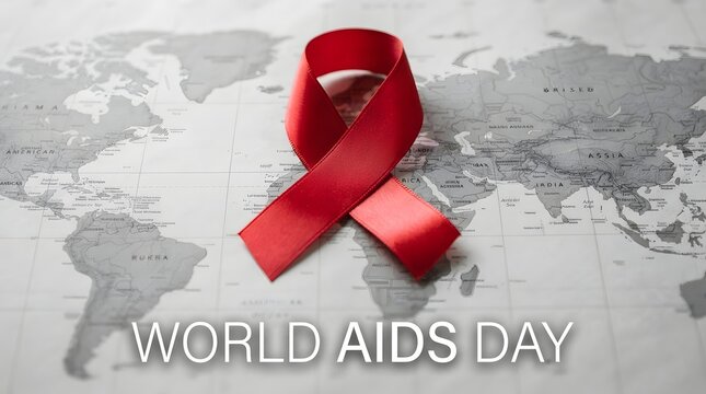 Red ribbon for aids awareness resting on a grayscale world map background