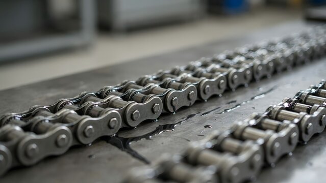 Close-up of metal roller chain on conveyor belt in industrial setting