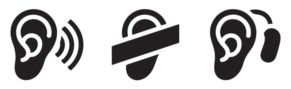 Hearing loss and deaf assistive technology icons vector set with ear silhouettes and sound wave elements.