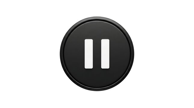 A minimalist black oval button featuring a white pause symbol isolated on a clean white background