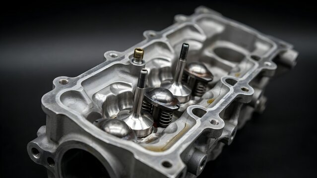 Close-up of Engine Cylinder Head with Valves and Pistons for Automotive Repair