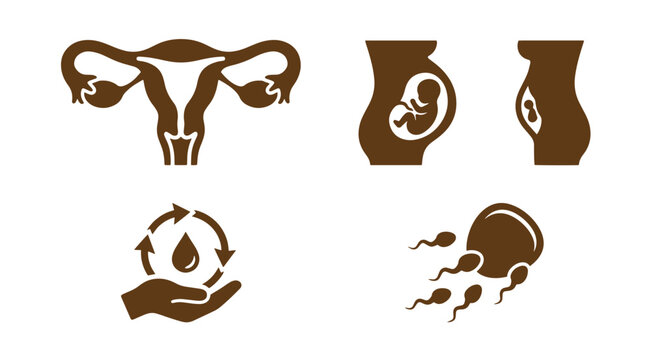 Brown set featuring human reproductive system, pregnant woman silhouette, fertility cycle, and sperm cells on white background