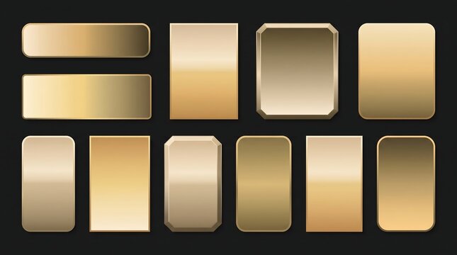 Set of various metallic gold gradient swatches and rectangular shapes for luxury design elements and backgrounds