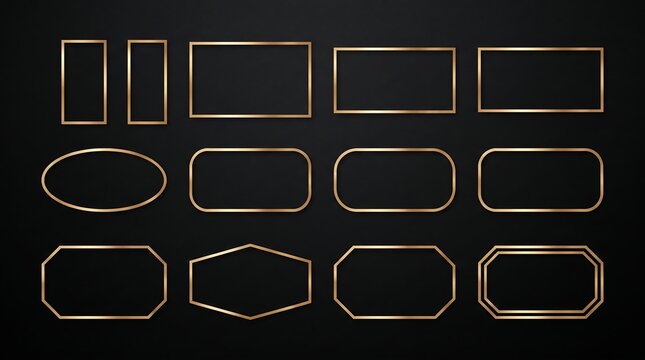 Collection of various geometric gold frames isolated on a dark background for luxury design elements