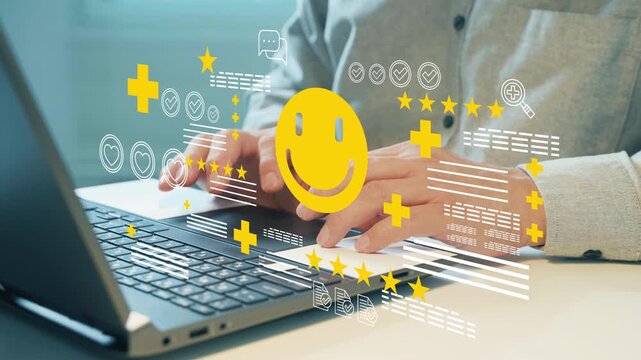 Person typing on laptop with floating smiley and rating icons. Shows customer satisfaction or online feedback theme. Ideal for website design, marketing, or customer service concepts