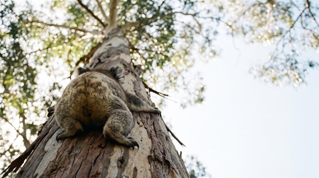 Funny rear view of a wild koala climbing up a tall eucalyptus tree in the Australian forest