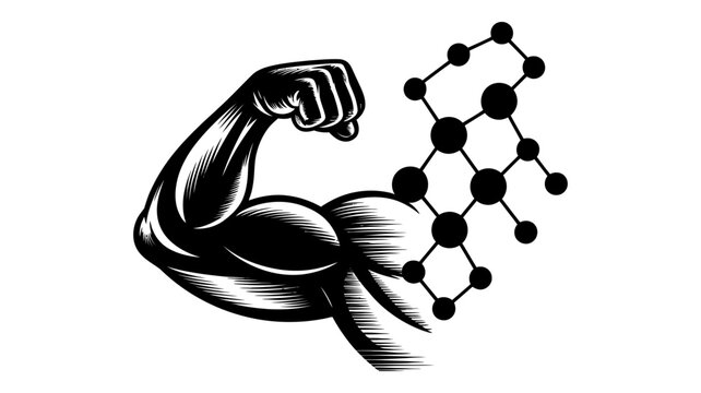 Muscular bicep arm with chemical molecule structure vector illustration