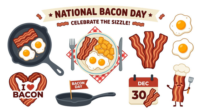 National Bacon Day vector icons set with breakfast food, frying pan, fried eggs and cute character