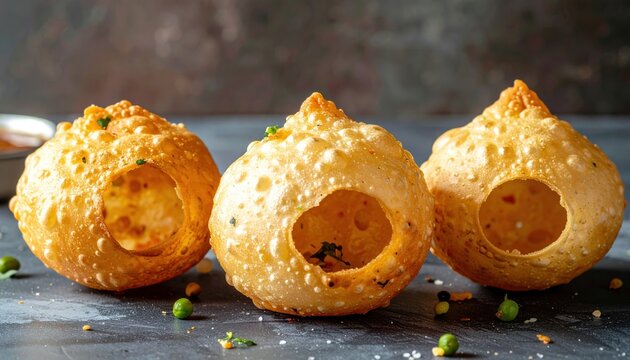 Three crispy pani puri shells with hollow centers for Indian street food and authentic chaat menu designs