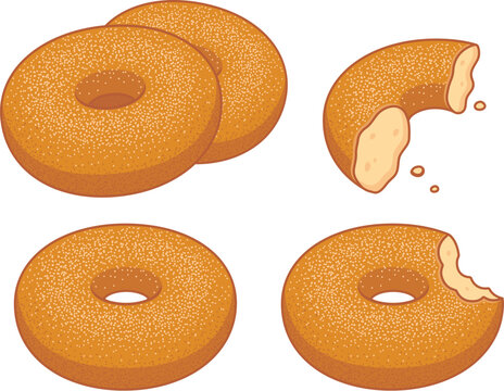 Apple cider donuts drawing set: whole, missing bite, and half-eaten with crumbs. Cute cartoon vector illustration.