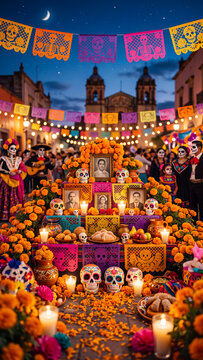colorful Day of the Dead celebration with ofrenda altar and costumed crowd on mexican street