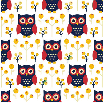 Cute cartoon owls and berries seamless pattern