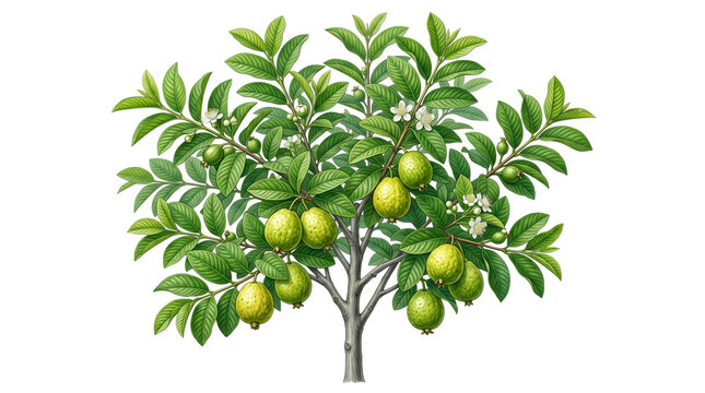 Botanical guava tree with green fruits and white flowers, tropical fruit plant illustration, lush guava foliage for gardening and agriculture isolated PNG with Transparent Background