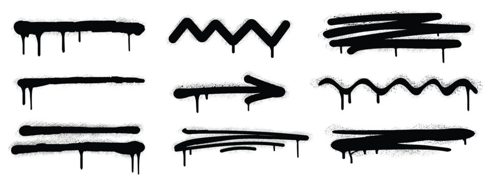 Spray paint texture brush set. Abstract, messy spray paint lines with drips and splatters, hand drawn graffiti frames with over spray. Spray paint texture strokes, lines, and arrows vector collection