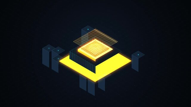 Futuristic isometric CPU microchip graphic with glowing yellow layers on a dark grid background