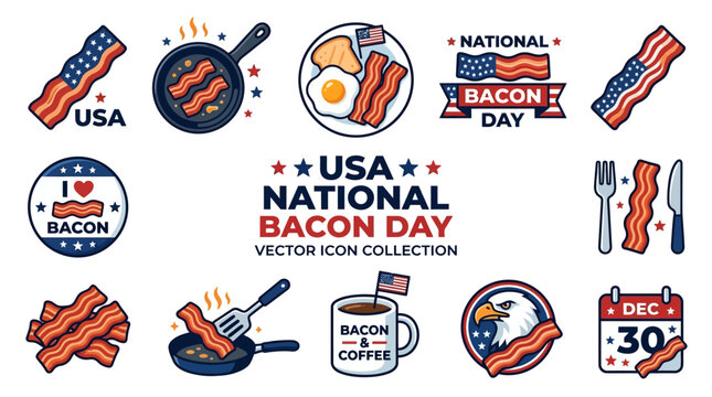Patriotic bacon day vector icon collection with American flag themed breakfast food and celebration badges