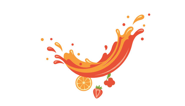 Splashing colorful fruit juice with falling slices of orange sweet strawberry and cherry on a clean white background.