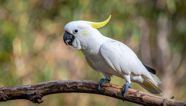 White cockatoo perched on a natural branch with highly detailed feathers, wildlife photography