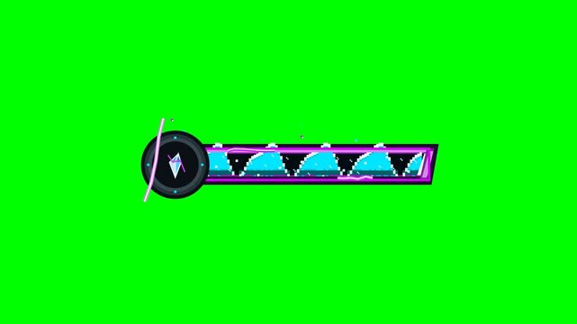 A dynamic 16-bit pixel art animation of a sci-fi energy mana bar filling up and reaching an arcane overload state. Features boiling cyan liquid physics, a rotating blue crystal heart, and a burst of m