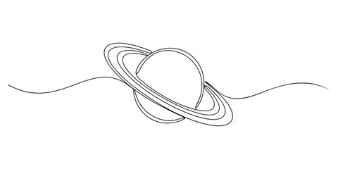 Minimalist continuous single line drawing of saturn planet with rings and a dotted orbit path in a simple artistic style © Line pro