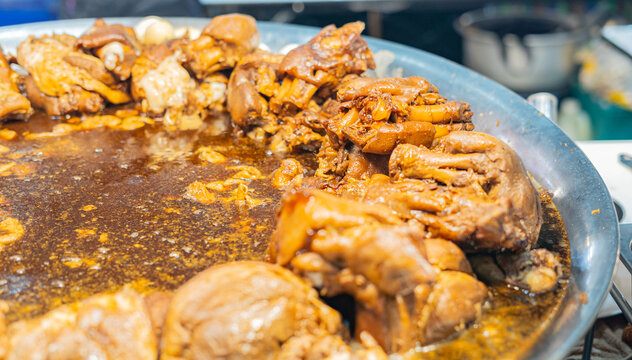 Pork leg stewing menu. Street food Stewed Pork Leg with Rice. Large pot of Thai stewed pork leg with hard-boiled eggs. Thai Street Food Style. authentic Asian culinary culture, comfort food