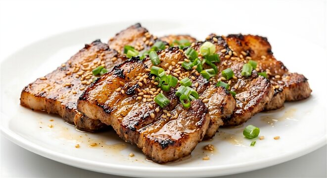 Grilled Korean Pork Belly Samgyeopsal With Green Onion And Sesame Seeds On Plate