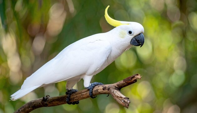 White cockatoo perched on a natural branch with highly detailed feathers, wildlife photography